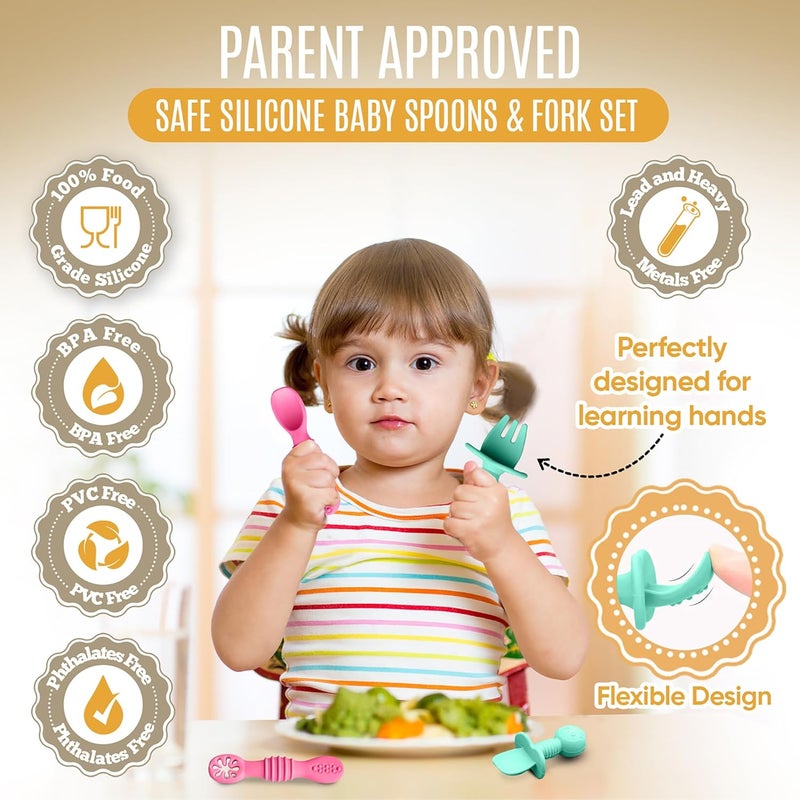 HippoBaby 4pc Silicone Baby Spoons Self Feeding Baby Utensils 6-12 Months - 3 Baby Spoon - 1 Baby Fork - Toddler Cutlery Set - BPA Free, Dishwasher Safe - Baby Eating Essentials (Pink/Blue) - Image 2